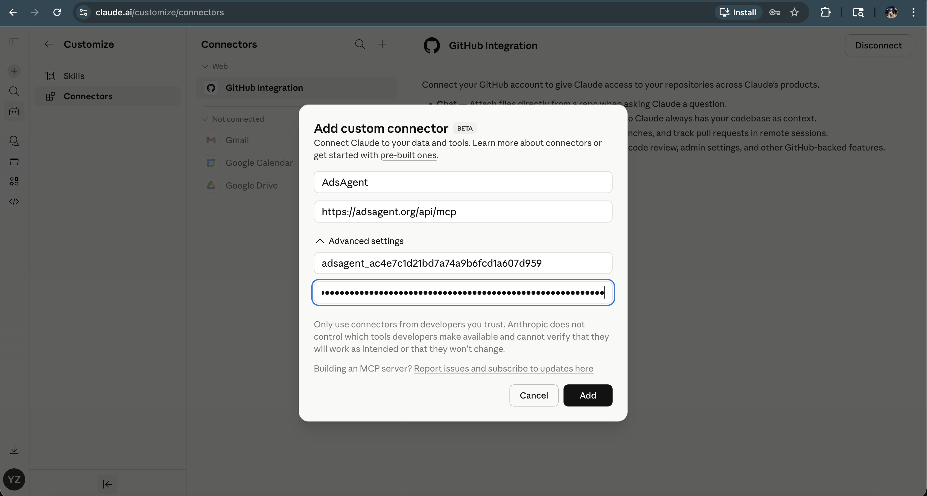 Add custom connector dialog with Name, Remote MCP Server URL, Client ID and Client Secret filled in under Advanced settings