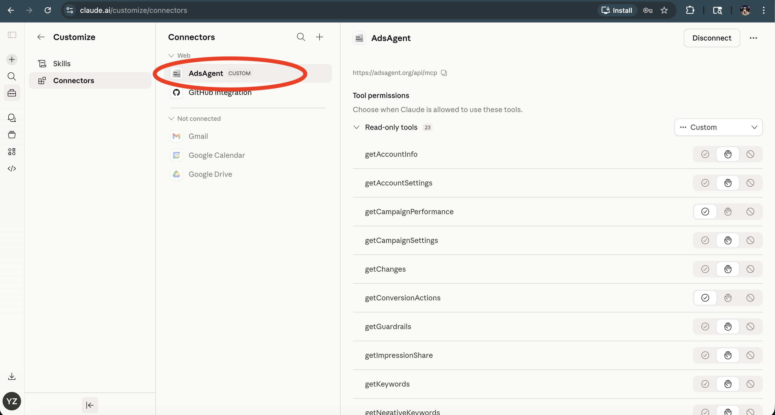 AdsAgent connector saved and listed under Connectors with its tool permissions