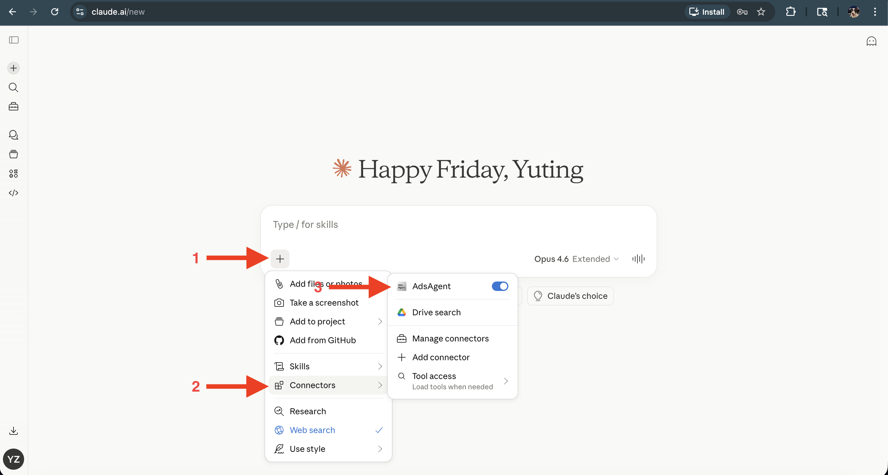 In a Claude chat, open the + menu and toggle the AdsAgent connector on