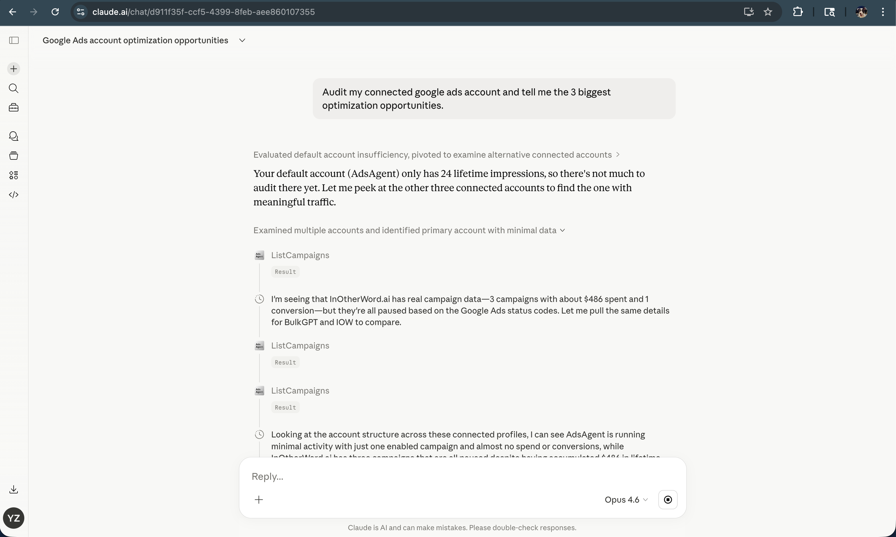 Claude using the AdsAgent connector to audit a Google Ads account in a chat